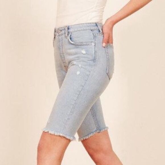Reformation Skye Distressed Bermuda Jean Denim Shorts - Picture 2 of 8